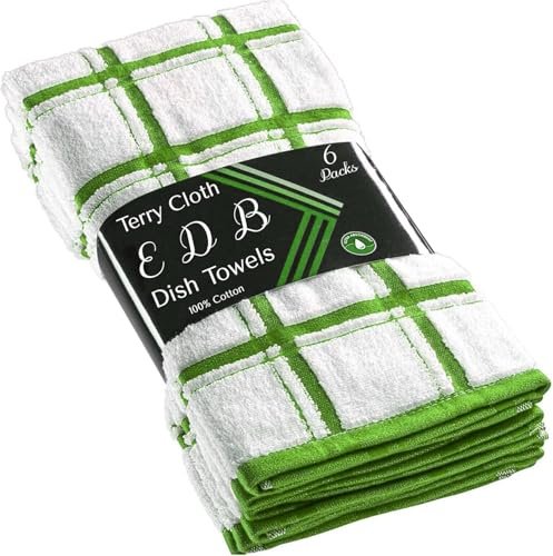 Kitchen Dish Cloth Pack of 6 or Pack of 12 Extra Large Jumbo Herringbone Terry Tea Towel 100% Pure Soft Cotton 40 x 60 cm Premium Quality Big Checked Terry Drying Cloth Thick Cleaning (6, Green)