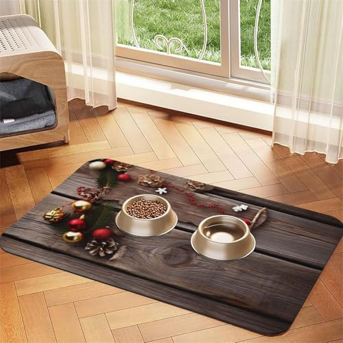 Super Absorbent Dog Food Mat, Christmas Old Wooden Board Pet Feeding Mat for Food and Water Bowls Non-Slip Waterproof Placement Pad for Floors Quick Dry Water Dispenser Mat for Dogs Puppy Cats