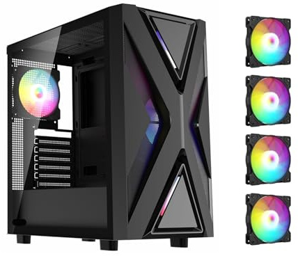 EWAIDI CV203 ATX datorspel PC-fodral Mid Tower svart med 4 fläktar 120 mm förinstallerad, härdat glas sidopanel USB 3.0