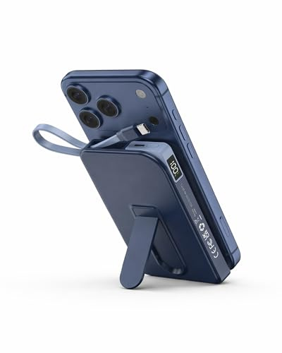 For MagSafe Power Bank, 10000mAh Magnetic Wireless Portable Charger with Built-in USB-C Cable & Foldable Stand, 22.5W Fast Charging Power Bank Battery Pack for iPhone 17/16/15/14/13/12, Blue