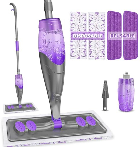 IOPRETTY Spray Mops for Floor Cleaning - Wet Dry Mops with 2 Washable + 2 Disposable Pads for Swiffer Powermop - Refillable Bottle for Hardwood Tile Home Kitchen - Absorbs Pet Hair Dust Stains