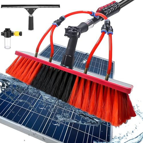 Brosse de nettoyage télescopique pour fenêtre avec manche d'alimentation en eau de 3,6 à 10,8 m, raclette, distributeur de savon et tuyau de 20 m – Idéal pour panneaux solaires, toits, vérandas
