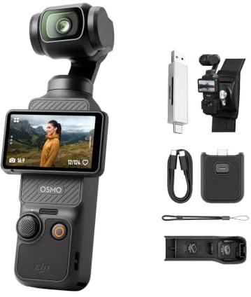 DJI Osmo Pocket 3 mit Rucksackhalterung Clip + Kartenleser | vlog Kamera 4K mit 1-Zoll-CMOS und 4K/120 fps Video, 3-Achsen-Stabilisierung, schnelles Scharfstellen