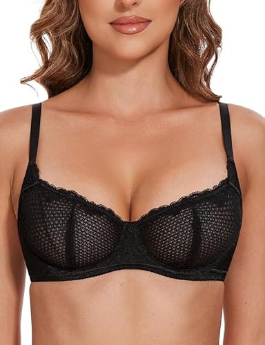 Wingslove BH med bygel, spets, balconett, bh, dam, dirndl-bh, halvskal, mesh, svart, 80D