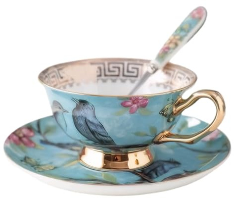 Juego de taza de té vintage, 250 ml de porcelana con platillo, patrón de pájaros para café, decoración de la cocina