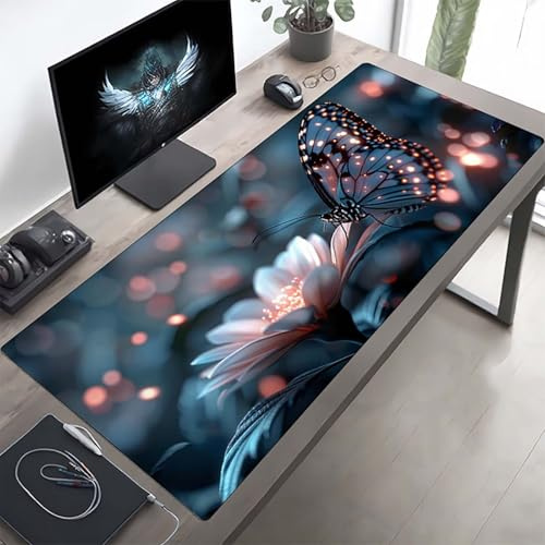 Gaming Mauspad 160 x 80cm Gaming Mousepad XXL Schmetterling Schwarz Mauspad Schreibtischauflage, Genähte Kanten Mausmat, rutschfeste Gummibasis, Schreibtisch Schutz für Büro, Geschenke PjY9480 8-P