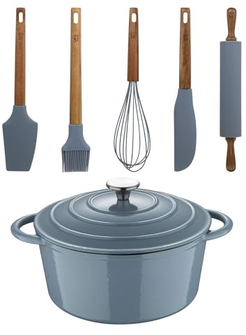 Cacerola con tapa de Ø25,5x12cm (5L) en hierro fundido + Set de 5 Utensilios de silicona y madera NOIA San Ignacio