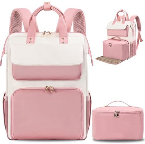 BERTASCHE Mochila de almuerzo para mujer, 15,6 pulgadas, con bolsa isotérmica, 2 en 1, mochila de trabajo para mujer/trabajo/negocios/viajes/profesores/escuela/universidad/rosa-beige