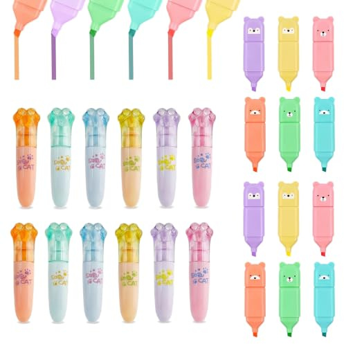 24 stycken highlighters miniset, 6 färger mini highlighter | finns i två versioner: Björn och katttass, tecknade björn-textliner-pennor,roliga lysande markörer för fester, skolor och som
