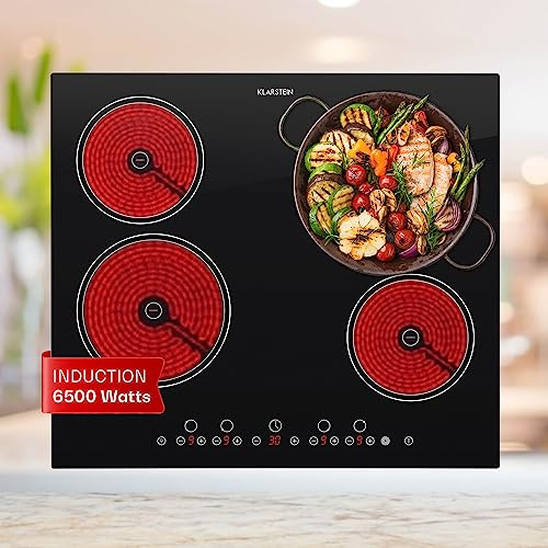 Klarstein Plaque Vitrocéramique 4 Feux Encastrable de 6500W, Plaque de Cuisson Vitrocéramique, Plaque Vitro 4 Feux, Table Vitroceramique, Cuisinière Électrique Vitrocéramique en Acier Inoxydable