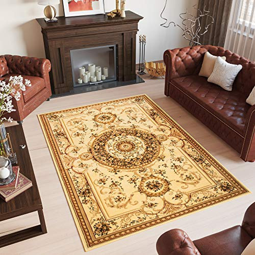 TAPISO Yesemek Klassisch Teppich Kurzflor Wohnzimmer Orientalisch Floral Medaillon Muster Bordüre Creme Beige Barock Design ÖKOTEX 70 x 140 cm