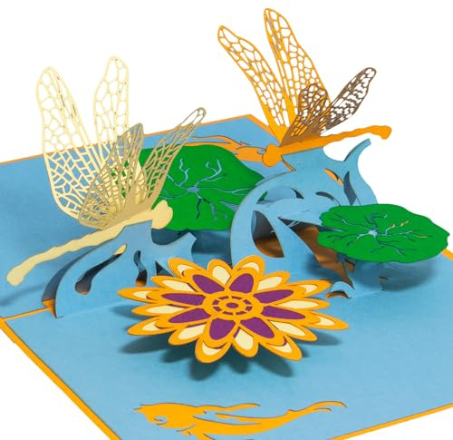 LINPOPUP® Pop-Up Karte Garten, Geburtstagskarte, für Mama, Frau, Freundin, Opa, Mann als Gartengutschein mit Fisch, Libelle, Teich, N287