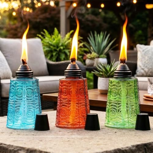Seraphic Lot de 3 torches de table à la citronnelle pour terrasse extérieure, 473,6 g, bougies décoratives à la citronnelle pour terrasse, jardin, fêtes, bleu/ambre/vert