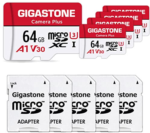 Gigastone - Tarjeta de Memoria de 64 GB, Juego de 5 Tarjetas, cámara Plus Serie, Velocidad de hasta 95 MB/s. Ideal para cámara de vídeo Full HD Gopro Drone, U1 C10 Tarjeta Micro SDXC con Mini Carcasa