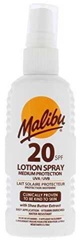Malibu Sun SPF 20 Lotion Spray, Medium Protection Sun Cream, Water Resistant, Vitamin Enriched, with Shea Butter Extract, 100ml