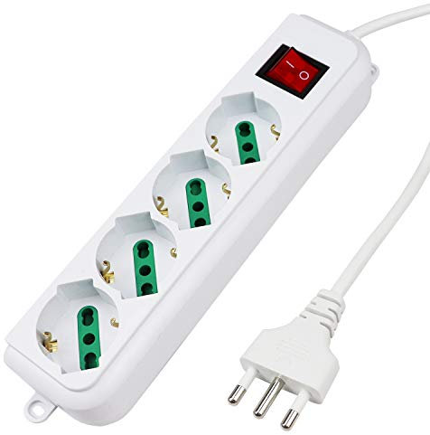 Extrastar Multipresa Ciabatta Elettrica con 4 Prese Universali ITA 10/16A e Schuko, Interruttore Luminoso, Cavo 3 m con Spina Italiana 16A, Bianco, bipasso.