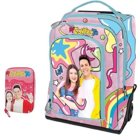 ME CONTRO TE Trolley Zaino Rosa + Astuccio One Time zip + Penna Sirena Arcobaleno + omaggio 7 penne + Omaggio portachiave paillettes + Penna led