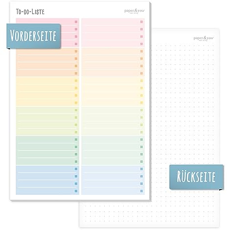 paper&you® A5 To-do Listen Block Rainbow 50 Blatt inkl. Notizblock auf der Rückseite - nachhaltig & klimafreundlich