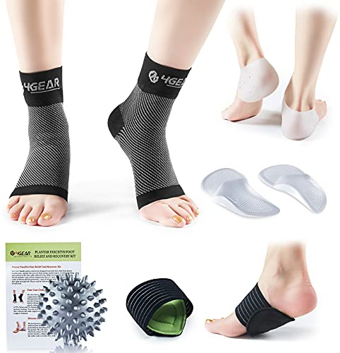 Plantarfasziitis Fuß Schmerzlinderung Kit-Kompression Socken, Silikon Fersenschutz, Gepolsterte Fußgewölbestützen, Gel-Einlagen & Stacheliger Massageball-Schnelle Linderung von Fußschmerzen(L/XL)