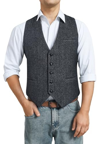 HISDERN Chaleco Formal Hombres Tweed Vintage Chaleco Lana en Espiga de Traje para Hombre Carbón L