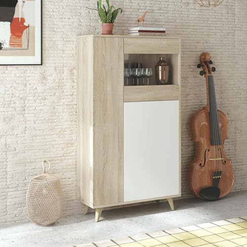 Dmora - Vetrina Atlanta, Vetrinetta moderna a 3 ante, Credenza da soggiorno o salotto, Madia alta con ripiani, 77x33h142 cm, Rovere e Bianco