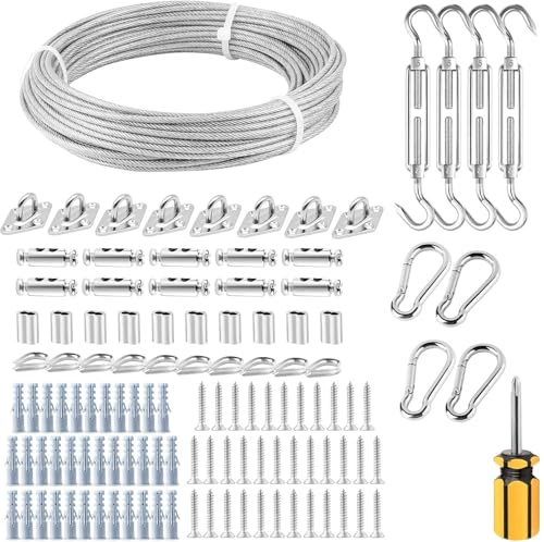 FSHIHINE Kit de fijación de toldo con Cable de Alambre de 3 mm de 20 m, Kit de fijación de toldo de Acero Inoxidable 304, Kit de Accesorios de Hamaca para Colgar toldo para jardín, triángulo y
