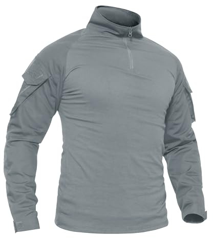 TACVASEN Chemise Hommes Shirt Chasse à Manche Longue T-Shirt Coton Militaire Chemise Tactique Shirts de Travail Gris Clair