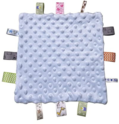Yufiova Baby Tags Security Blanket -Baby Soothing Plush Blanket with Colorful Tags,Square Sensory Blankets,10 x 10 inches, for 3-12 Months Babies(Blue)