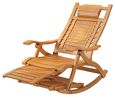 ZXIAOR- Loungesessel Aus Bambus,Garten-Rattanstuhl Im Freien,Home-Balkon-Lounge-Stuhl,Stuhl Mit Klappbarer Rückenlehne/Schaukelstuhl Aus Holz,Kopfstütze Aus Silikon, Kühl Und Atmungsakt(Color:YH-1002)