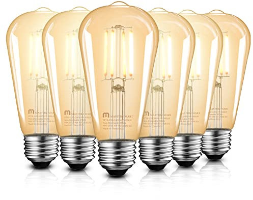 Mastery Mart Edison Vintage Glühbirne E27, 6 Stück LED Lampe Warmweiß Led Birne Edison Glühbirnen 2500K 400 lm 4W (40W Äquivalent), Bernstein Glas ST64 Filament Glühbirne, Nicht Dimmbar
