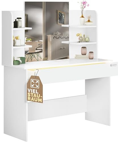 Casaria® Schminktisch mit Spiegel weiß Schubladenbeleuchtung 3 Fächer inkl. Distanzsensor 4 offene Ablagen Frisiertisch Kosmetiktisch 110x40cm Holz