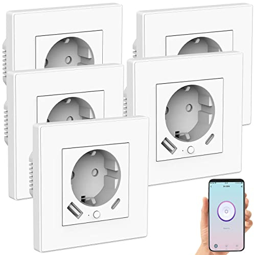Luminea Home Control Steckdose Smart: 5er-Set WLAN-Unterputzsteckdosen mit App, je 1x USB A, 1x USB C, 2 A (Steckdose C, Netzwerk schalten, Tischsteckdose)