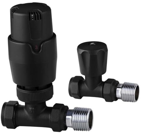 Black Straight Thermostatic Radiator Valves TRV Modern Radiator Valves 15mm x 1/2 (Set of 2) for Heated Towel Rails & Central Heating Radiators Radiator Valve Set