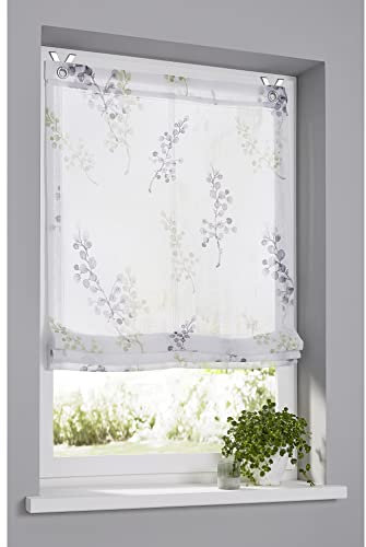 Halbtransparentes bedrucktes Raffrollo mit Edelstahl - Fensterhaken Danny, praktische Montage ohne Bohren, lichtfilternd, Dessin in grün, Gr. 45 x 140