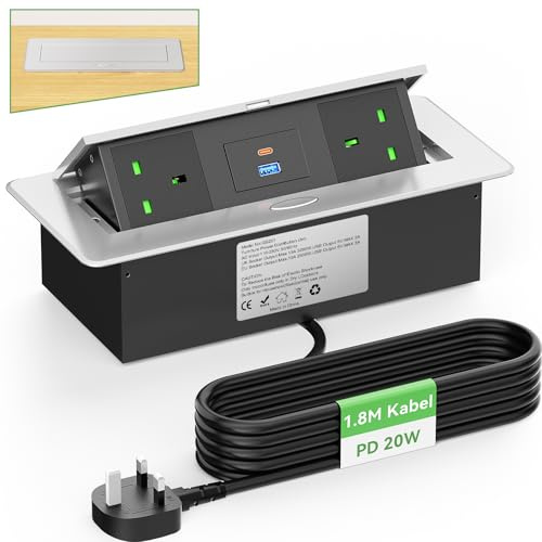 Metal Recessed Power Strip with USB C PD20W, Desk Recessed Power Socket 2 outlet, Recessed Pop Up Power Socket for Desktop Worktop Conference, 1.8M Cable, 3250W/13A
