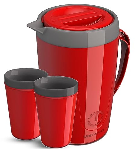 Caribe Krug mit Deckel – Isolierter, doppellagiger Krug für Eistee, kalte Getränke, großes, leichtes Glas für stundenlange Kälte – Polyurethan, BPA-frei – Rot, 2 l – LCG