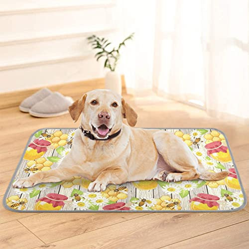 JUNZAN Dog Cooling Mat Bees Honey Jars Honeycomb Chamomile Wooden 24'' x 39'' Summer Keep Cool Pad for Puppy Cats Breathable Cooling Blanket for Home Pet Crate Cages