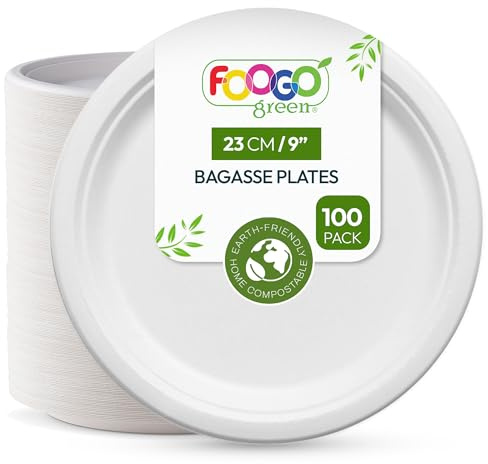 FOOGO Grön 100 st engångs sockerrörsbagasse-tallrikar, 23 cm (9 tum), stora runda starka pappersplattor, miljövänliga biologiskt nedbrytbara komposterbara, för picknick, fester