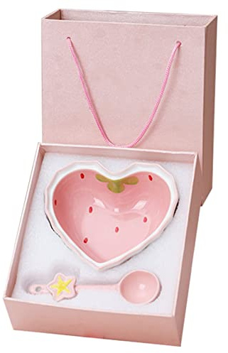 Tyenaza Bol à Dessert Avec Cuillère, Bol En Forme De Cœur D'amour Aux Fraises, Joli Bol En Céramique De Cuisson à Haute Température Rose Pour Salade(1 Set)