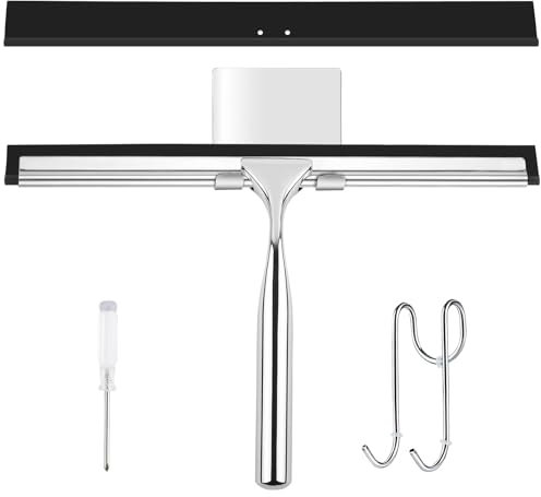 WUFANC 25CM Tergivetro Per Doccia, Tira Acqua Da Doccia In Acciaio Inox, Tiraacqua Vetri Doccia Con 1 Gancio E 2 Lama In Silicone, Senza Bisogno Di Forare, Può Pulire Bagno, Finestre E Specchi