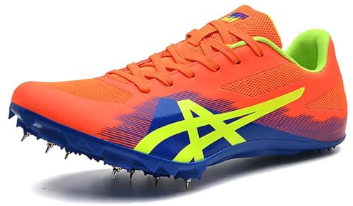 PENXZT Hombre y Mujer Zapatillas de Clavos, Calzado de Atletismo Ligero Resistente al Desgaste para Running,Salto Largo,Training,Naranja,41 EU