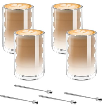 AWSGHLF Double Walled Coffee Glasses Mugs with 4 Spoons 350ML Set of 4 Cappuccino Latte Macchiato Glasses Tea Heat Resistant Cup for Coffee Tea Milk Juice Ice Cream Borosilicate Cup