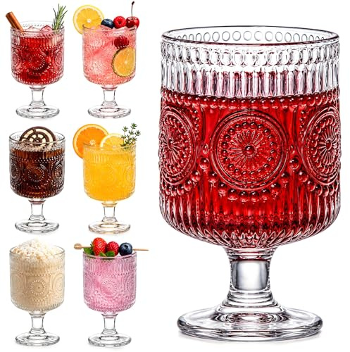 Pumtus 6 Pack Vintage Goblet Glasses, 8 OZ Embossed Floral Glass Cup, Clear Romantic Wine Glassware, Unique Pressed Pattern Stemware, Mixed Drink Glasses Set for Cocktail, Juice,Whiskey, Beer