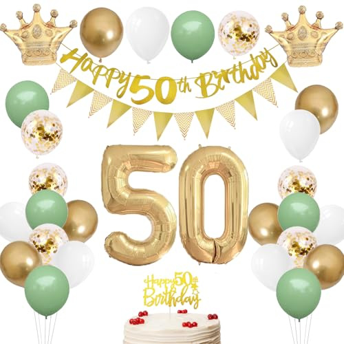 HONZSAN 50th Birthday Decorations Sage Green White Gold - Happy 50th Birthday Banner, Cake Topper, Number 50 Foil Balloon, Confetti Balloons for Women Men 50 Years Party Decor