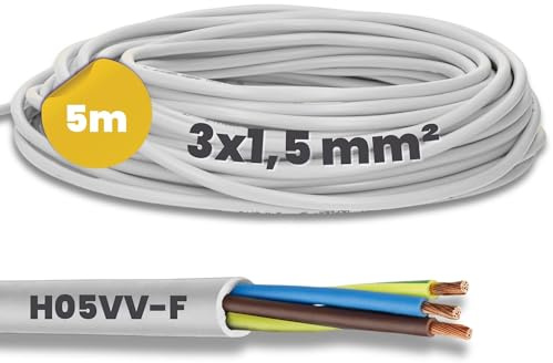 Kalitec 5m H05VV-F 3G1,5 mm² Schlauchleitung - Weißes PVC Stromkabel | Flexibles 3-adriges Elektrokabel für trockene Innenräume, Lampenkabel und Gerätekabel mit Schutzleiter, HAR-zertifiziert