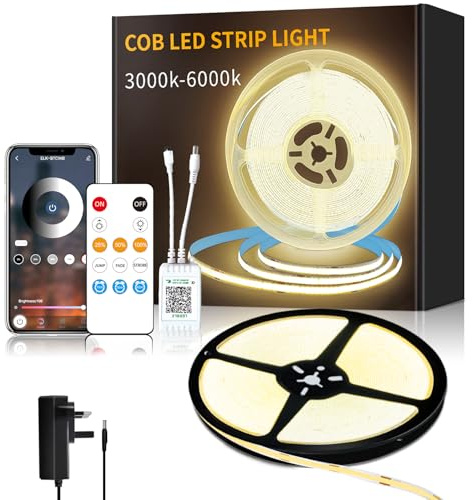 Yeewhale COB LED Strip Lights 3000K 10M Dimmable Warm White LED Strip Kit | DC 24V LED Lights with Remote and app Control and UKCA Power Supply LED Tape Lights,for DIY Home Decoration