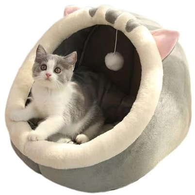 NatureMan Cuccia per gatti da interni, con palla da appendere, tenda per gattini, cuscino in cotone rimovibile, calda e morbida (grigio, M)