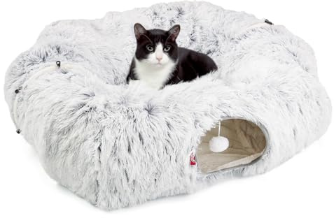 CanadianCat Company | Premium Katzentunnel CUBI, eckiger XXL Tunnel mit Schlafplatz für Katzen inkl. flauschigem Liegekissen, Katzentunnel für große Katzen, hellgrau, ca. 100 x 80 x 26 cm