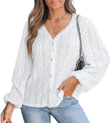 CUPSHE Womens Blouses V Neck Puff Long Sleeve Shirt Ladies Tops Knit Eyelet Lace Elegant Tunic Women Blouses Shirts White M