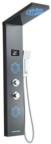 KEOKBON Pannello doccia 5 in 1 con rubinetto senza batteria, set doccia LED tempo doccia e indicatore ℃, doccia a pioggia, doccia a LED, montaggio angolare, pannelli doccia nero, ottone e acciaio inox